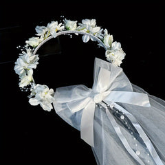Short Wedding Veil Bow Headband for Women Bridal Veil with Floral Accents