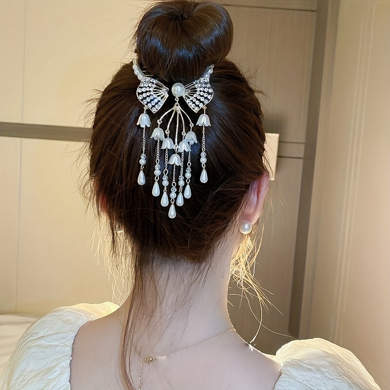 Rhinestone Banana Clip Flower Tassel Hair Clip Prom Party