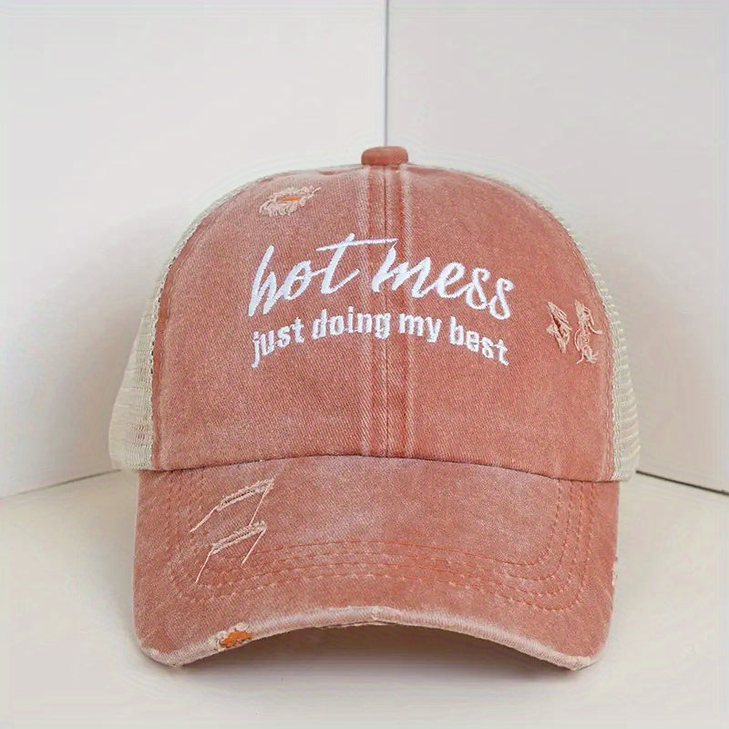 Hot Mess Embroidered Baseball Cap Washed Hole Ponytail Cap