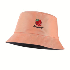 Strawberry Embroidery Bucket Hat Reversible Solid Basin Hat Sunscreen Travel