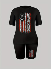 Women's Plus Flag & Letter Print Crew Neck Top & Shorts Outfit Set
