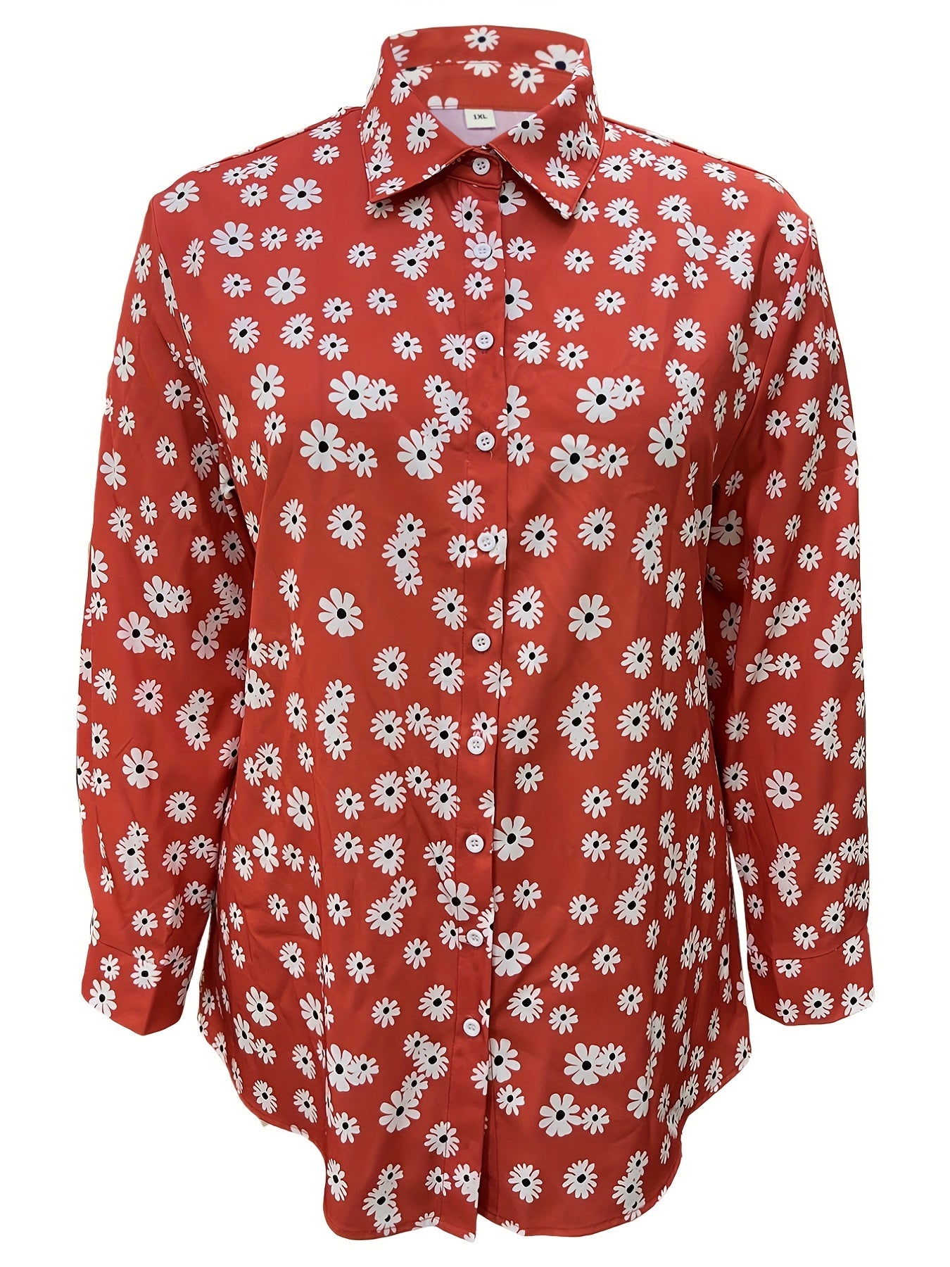  Daisy Print Blouse Long Sleeve Turn Down Collar Button Up