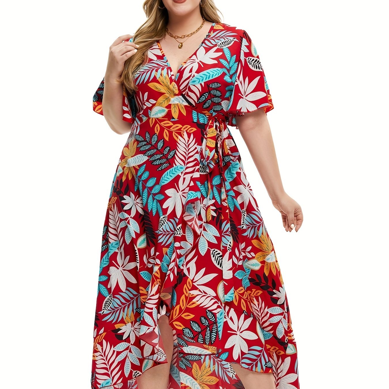  Tropical Print Maxi Dress with Ruffle Trim