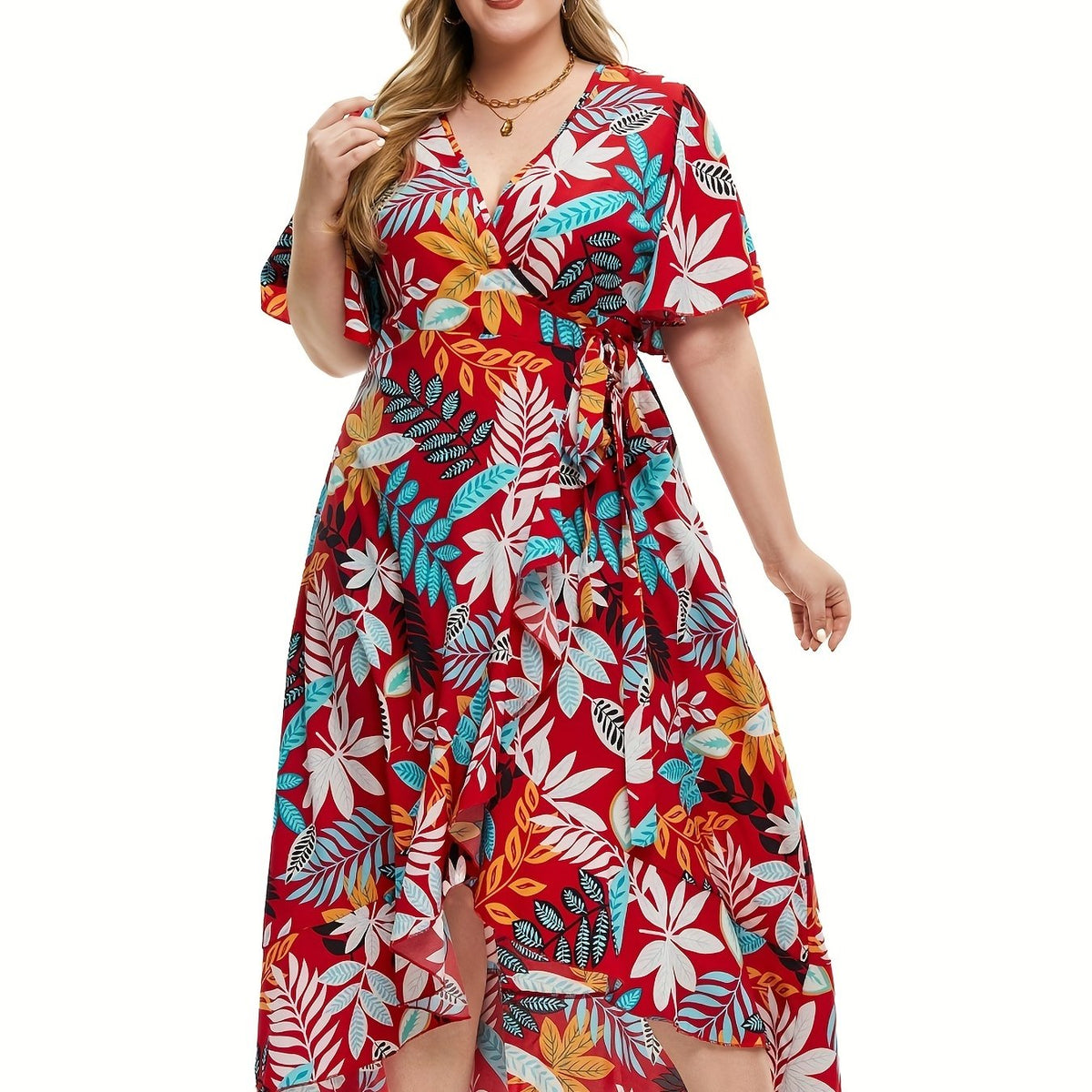  Tropical Print Maxi Dress with Ruffle Trim