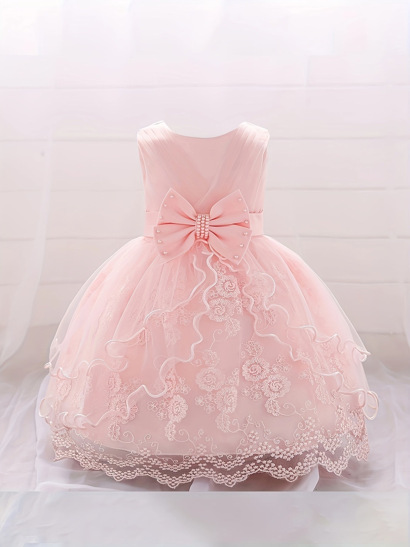 Infant Toddler Girls Pompadour Dress Embroidery Mesh Flower Girl Birthday Dress