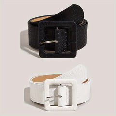 Stone Pattern Embossed Belt Wide Waistband Square Buckle Women Dress Girdle
