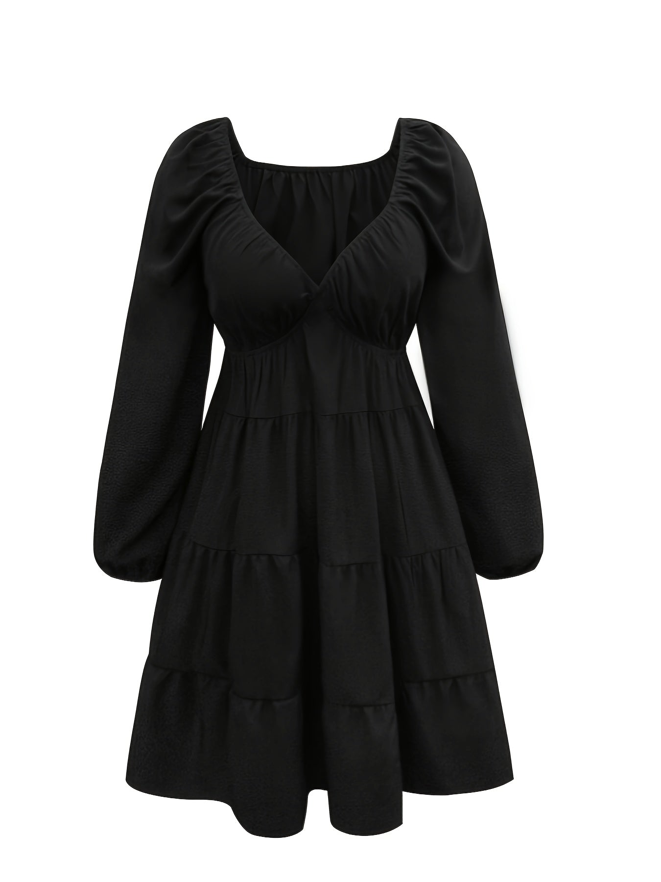  Solid Lantern Sleeve V Neck Ruched Smock Dress