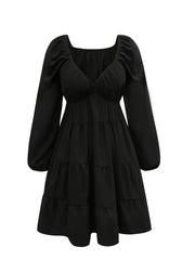  Solid Lantern Sleeve V Neck Ruched Smock Dress
