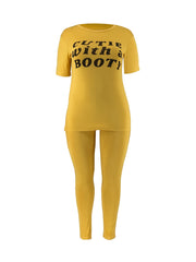  Letter Print Top & Pants Set Women's Plus Stretch Casual Outfit