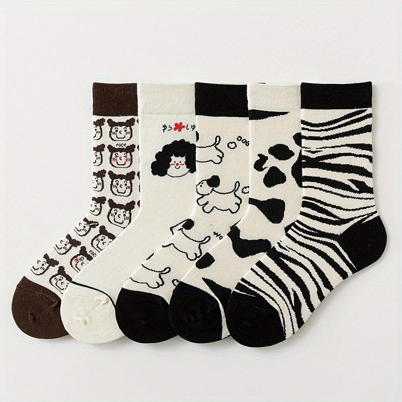 5 Pairs Cartoon Pattern Socks Comfy & Mid Tube Socks Women's Stockings