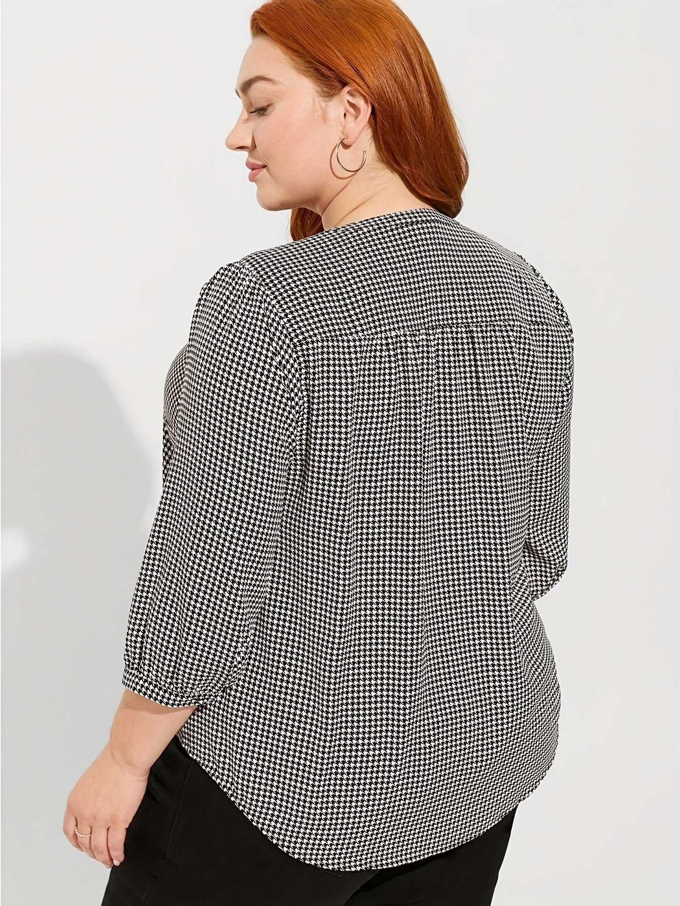  Houndstooth Print Three Quarter Sleeve Blouse