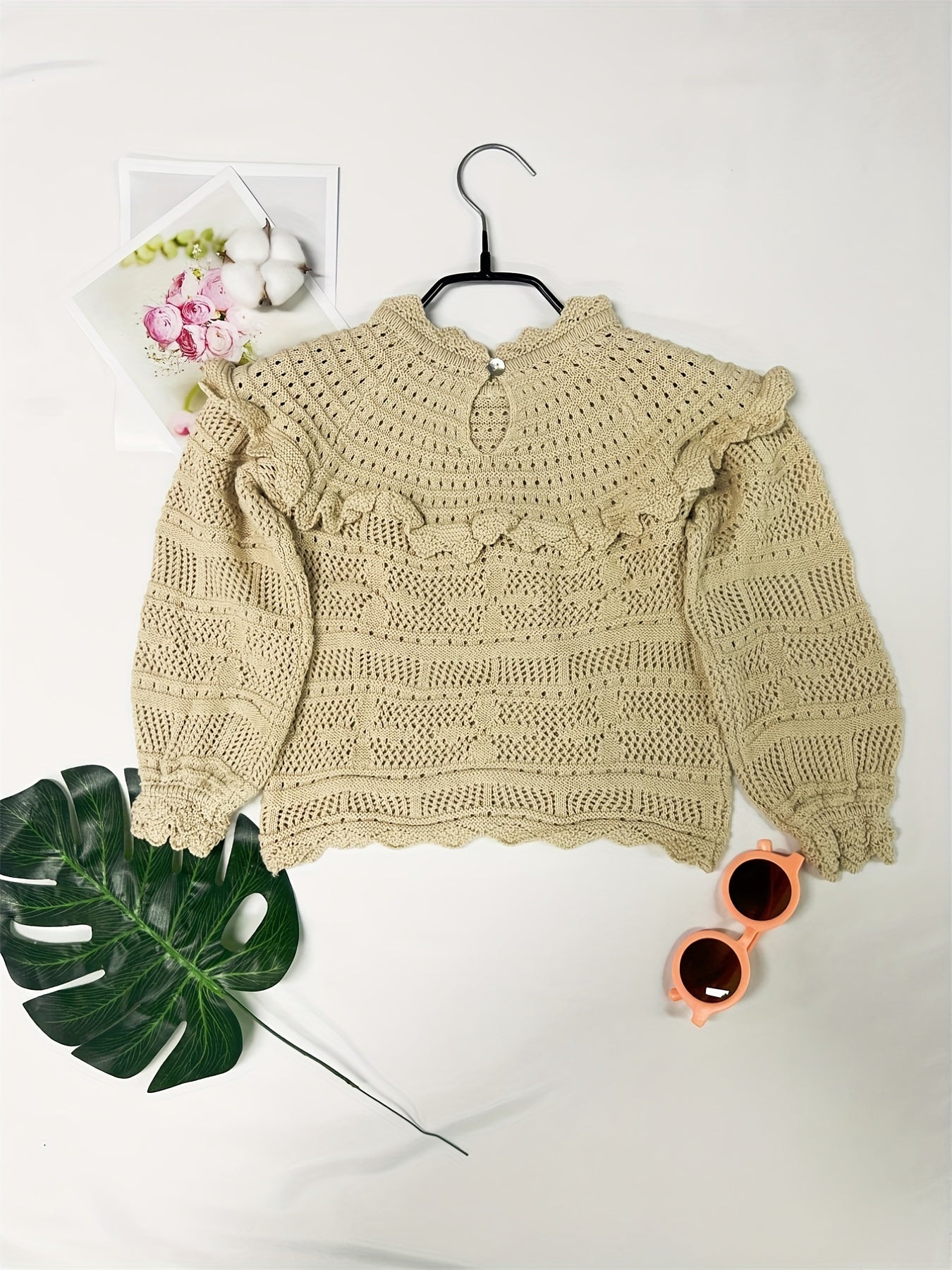 Girl's Eyelet Long Sleeve Knit Pullover Shirt For Autumn
