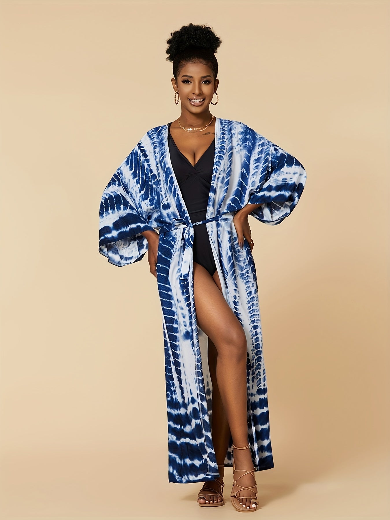 Tie Dye Cover Up Shirt V Neck Loose Fit Kimono Beachwear Boho Style Women's Swim