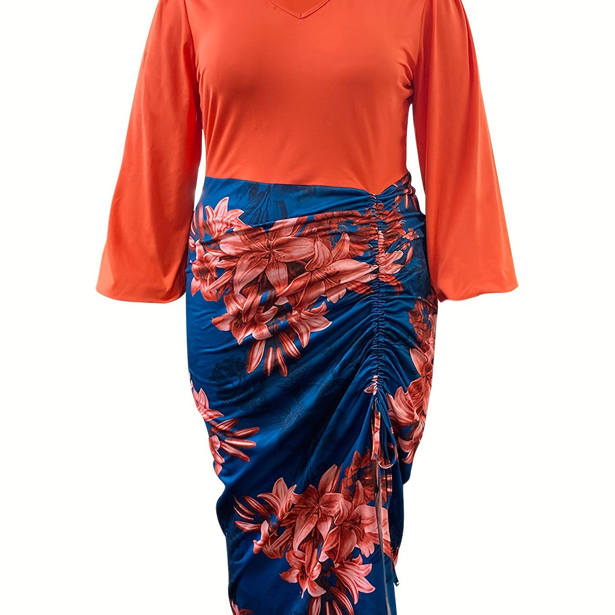  Colorblock Floral Print Long Sleeve V Neck Ruched Dress