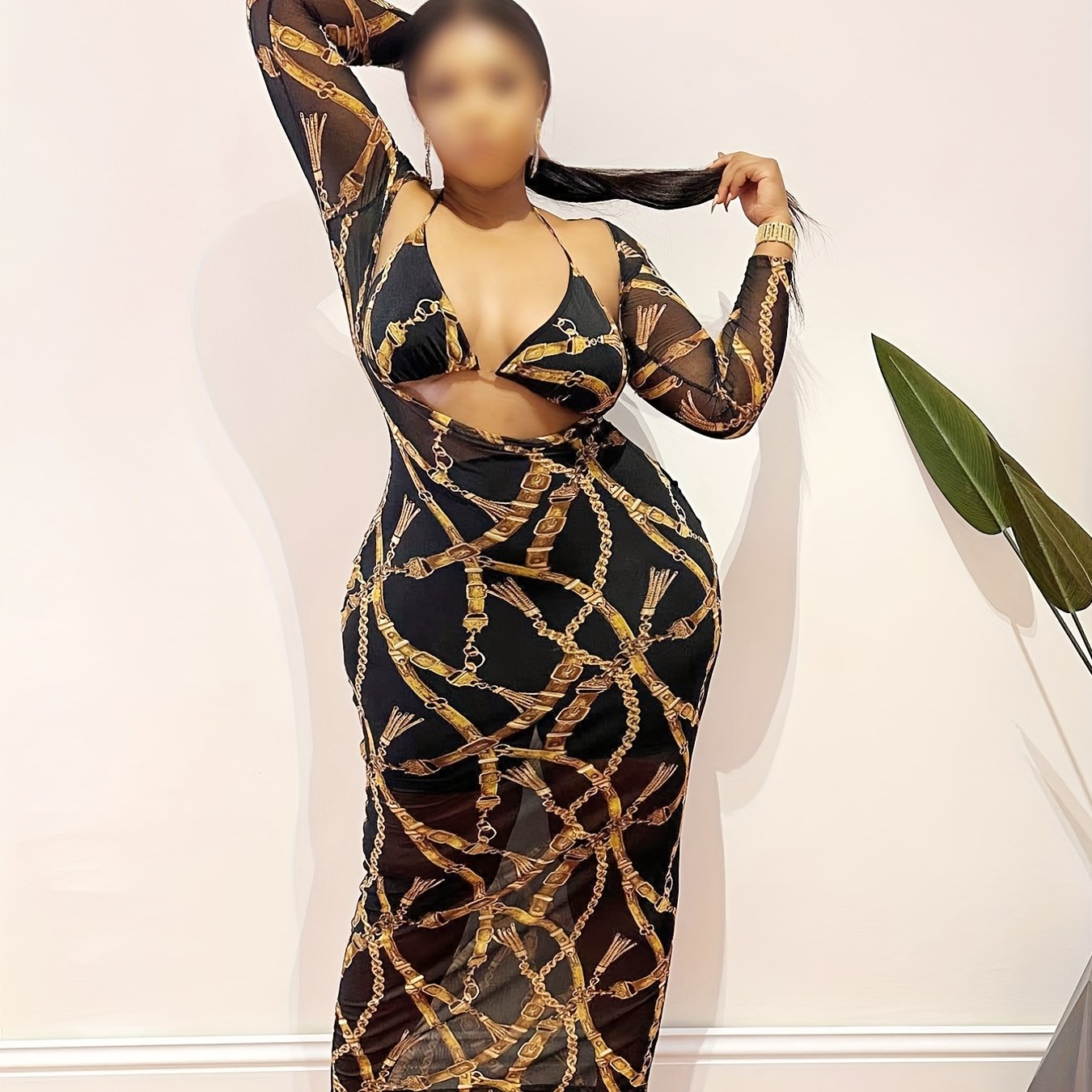  Chain Print Halter Bra & Long Sleeve Semi Sheer Cover Up Set