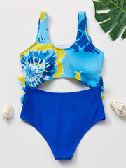 Girl's Block One Piece Swimsuit Mid Stretch Sleeveless