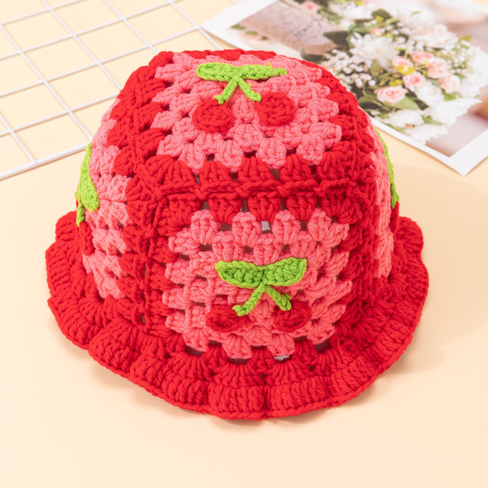 Cherry Crochet Ruffles Beanie Hollow Cotton Cloche Hat Women Knit Hats Bucket