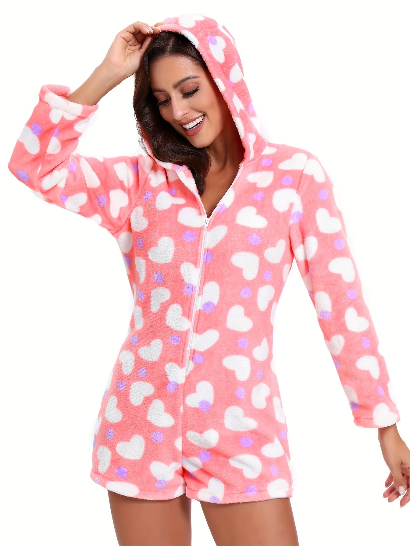 Heart Print Hooded Romper Women's Loungewear