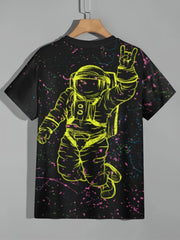 Floating Astronaut Print Boy's Short Sleeve T shirt Breathable Casual Top