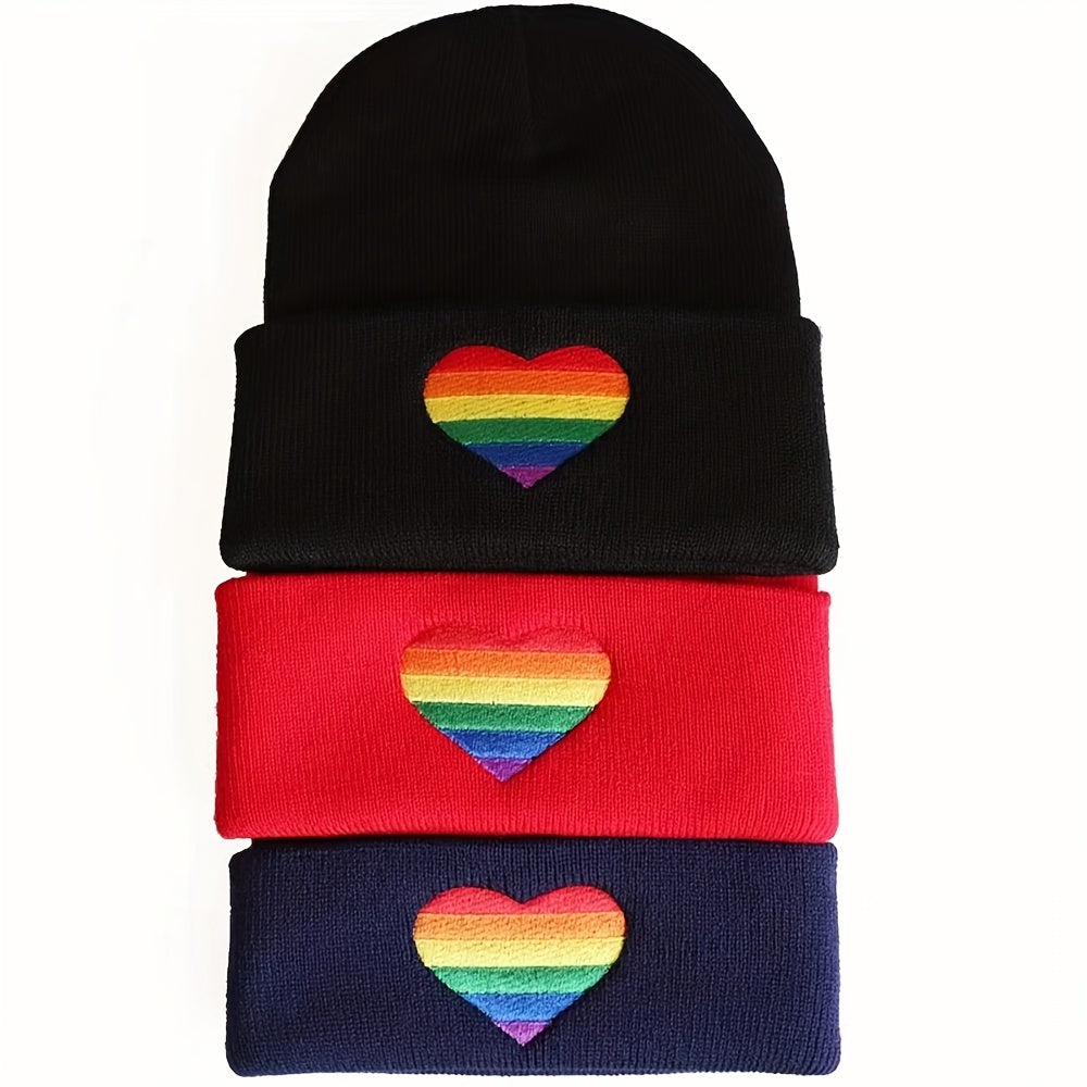 LGBT Rainbow Heart Beanie Hat Gay Pride Love Is Love Embroidered Unisex