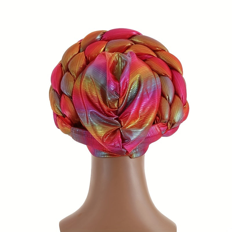 Red Gradient Turban Cap Double Layer Braided Hijab Hat Elastic Bonnet Chemo Hats