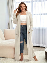  Ribbed Sleeve Open Front Maxi Cardigan