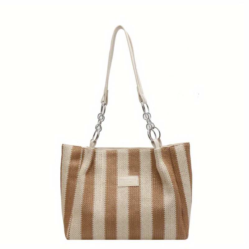 Colorblock Woven Beach Bag Striped Shoulder Tote for Travel