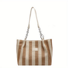 Colorblock Woven Beach Bag Striped Shoulder Tote for Travel