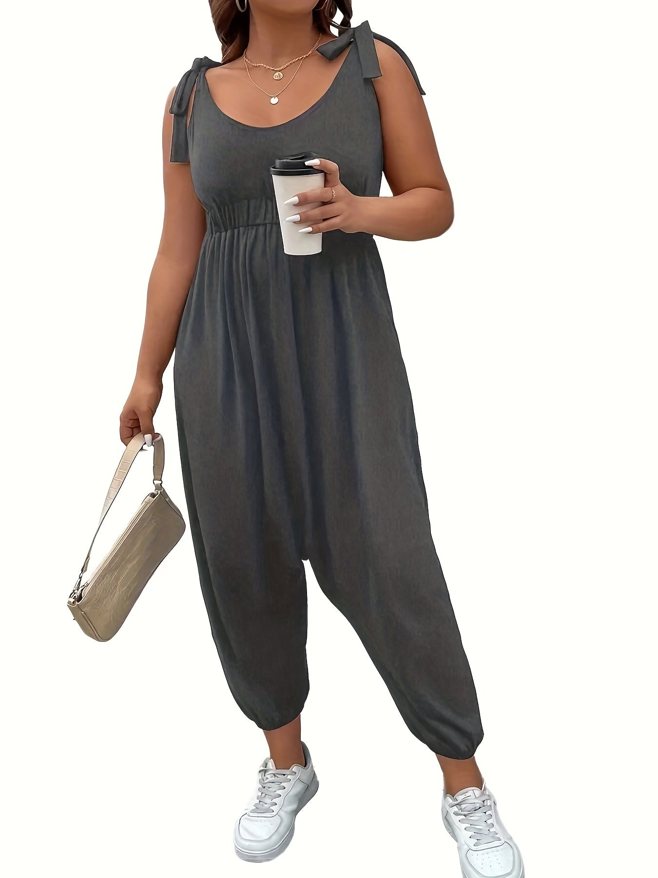  Casual Tank Jumpsuit Women's Plus Plain Tie Shoulder