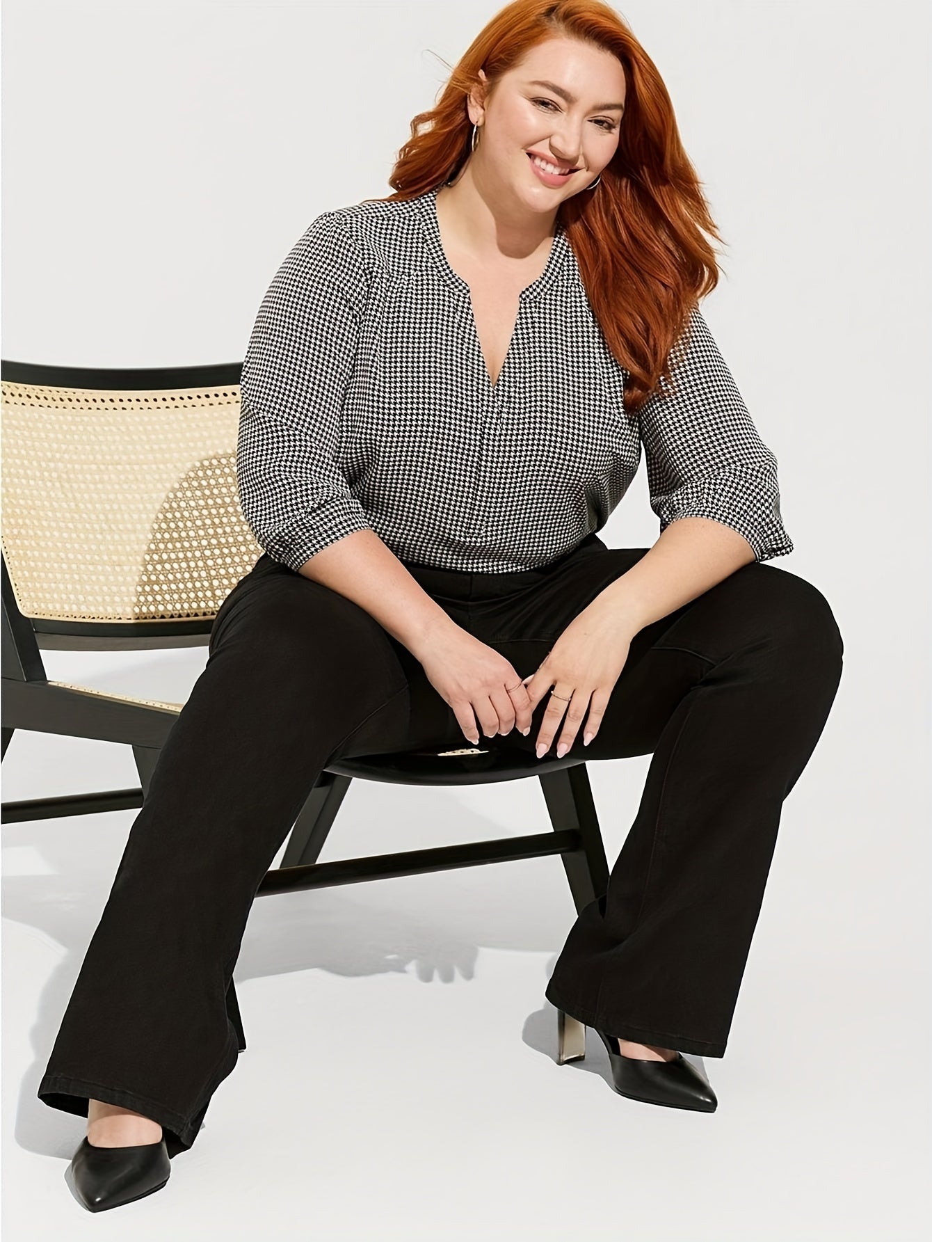  Houndstooth Print Three Quarter Sleeve Blouse