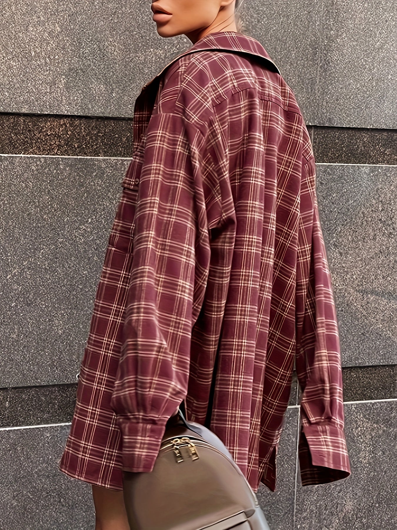  Plaid Print Button Up Long Sleeve Oversized Blouse