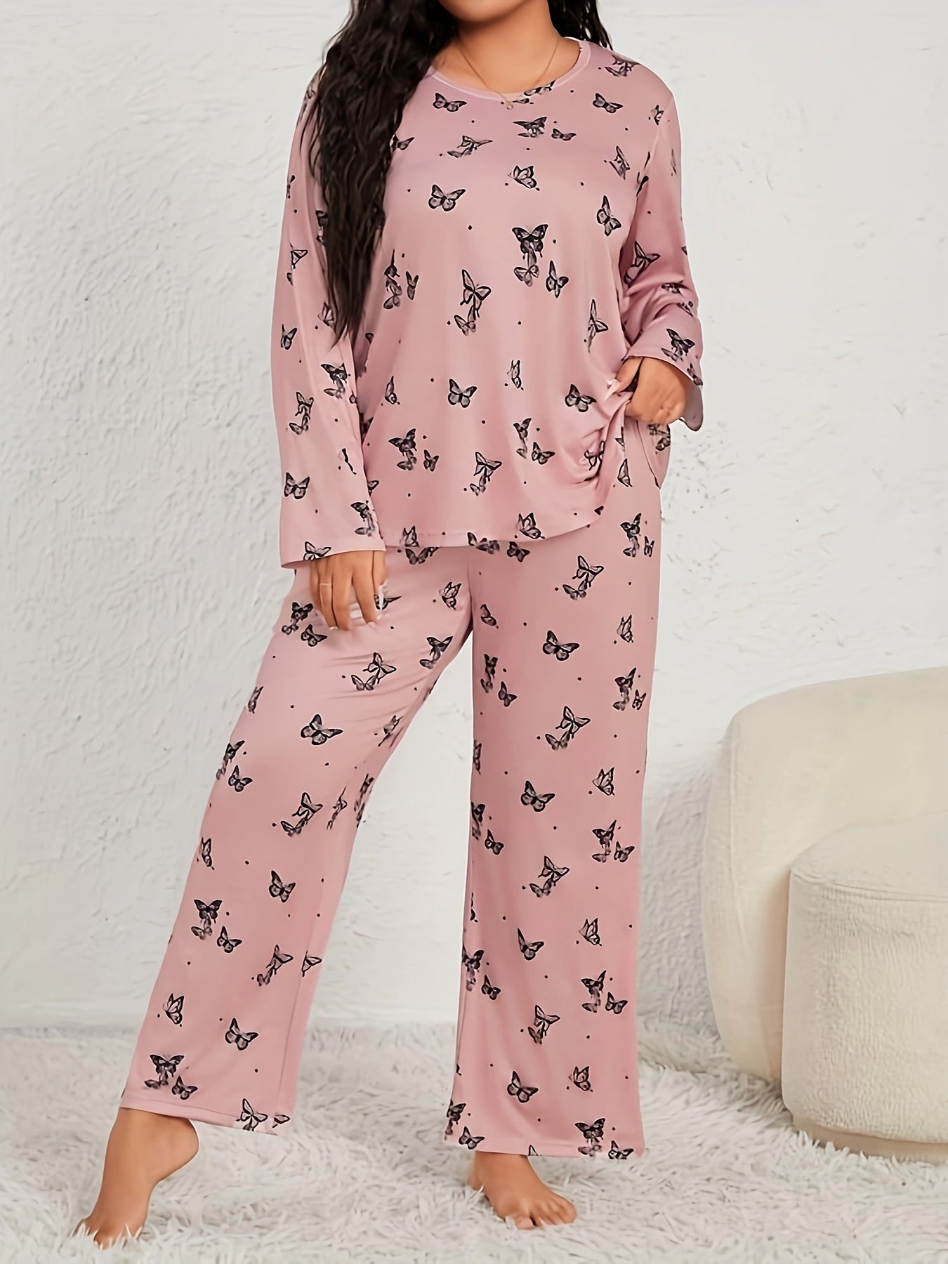  Butterfly Print Pajama Set Long Sleeve Tee & Pants Loungewear