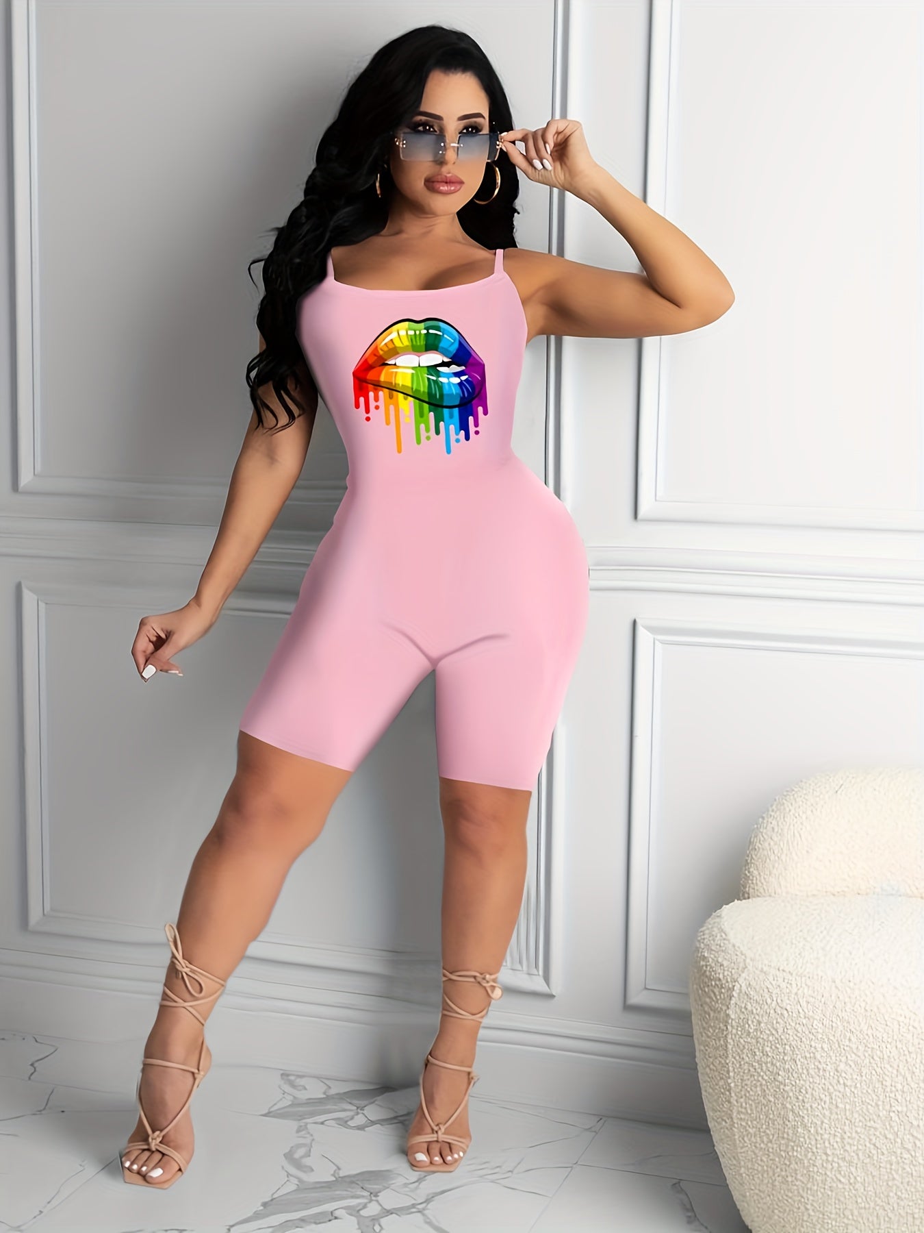 Casual Lip Print Spaghetti Strap Romper Jumpsuit