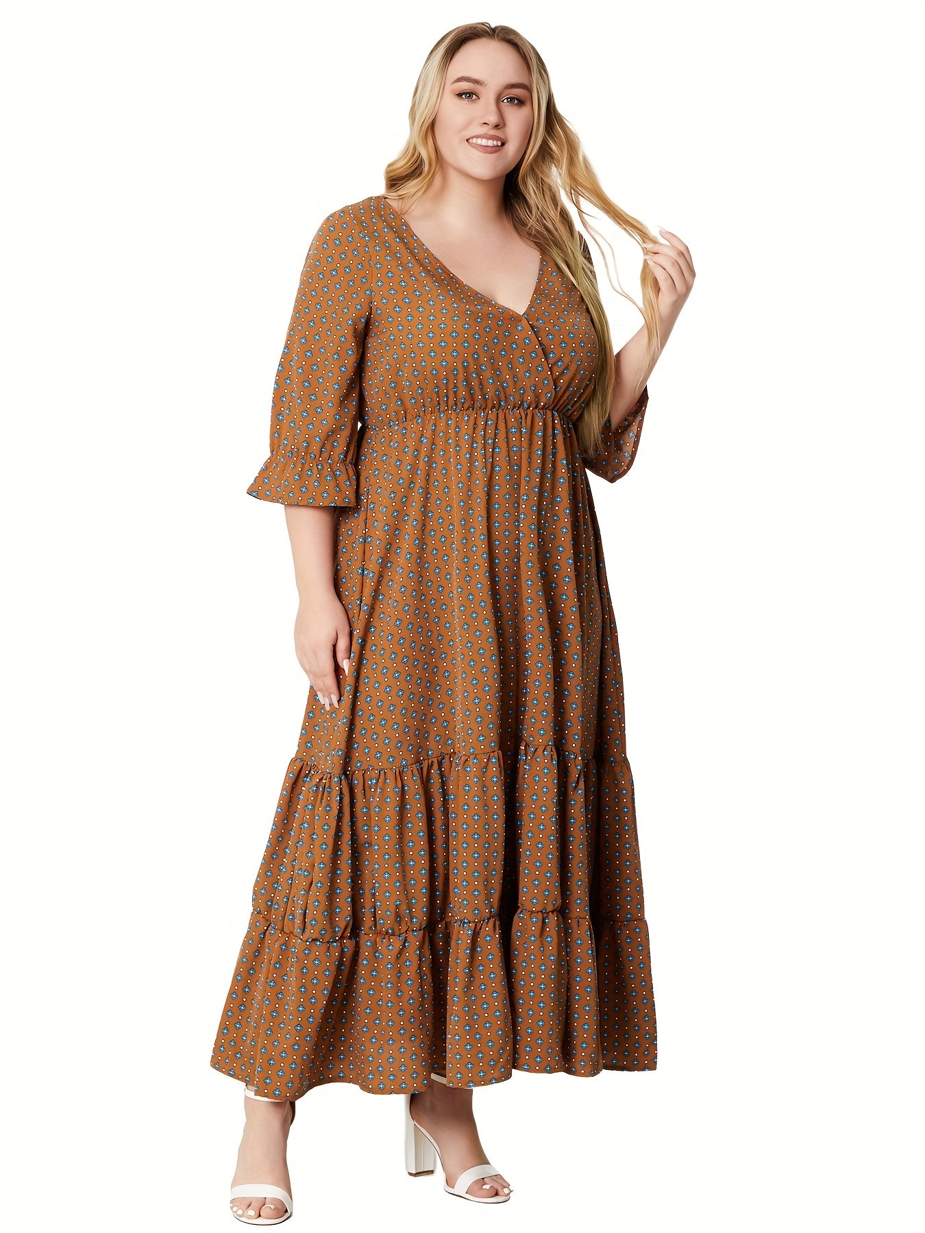 Plus Dot Print Half Sleeve Maxi Smock Dress