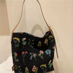 Vintage Flower Canvas Tote Bag Large Capacity Shoulder Bag