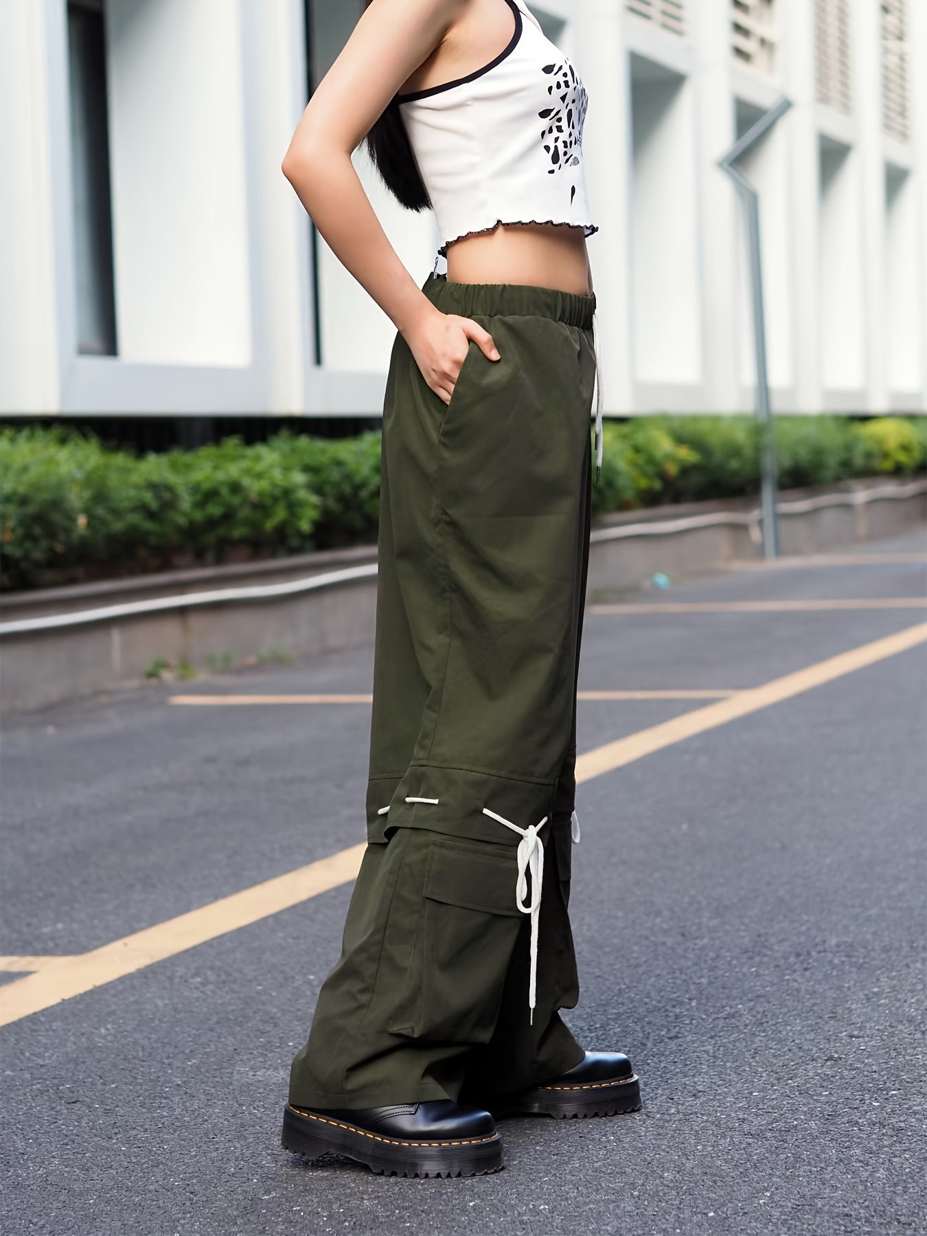  Casual Pants Women's Plus Solid Drawstring High Rise Loose Fit