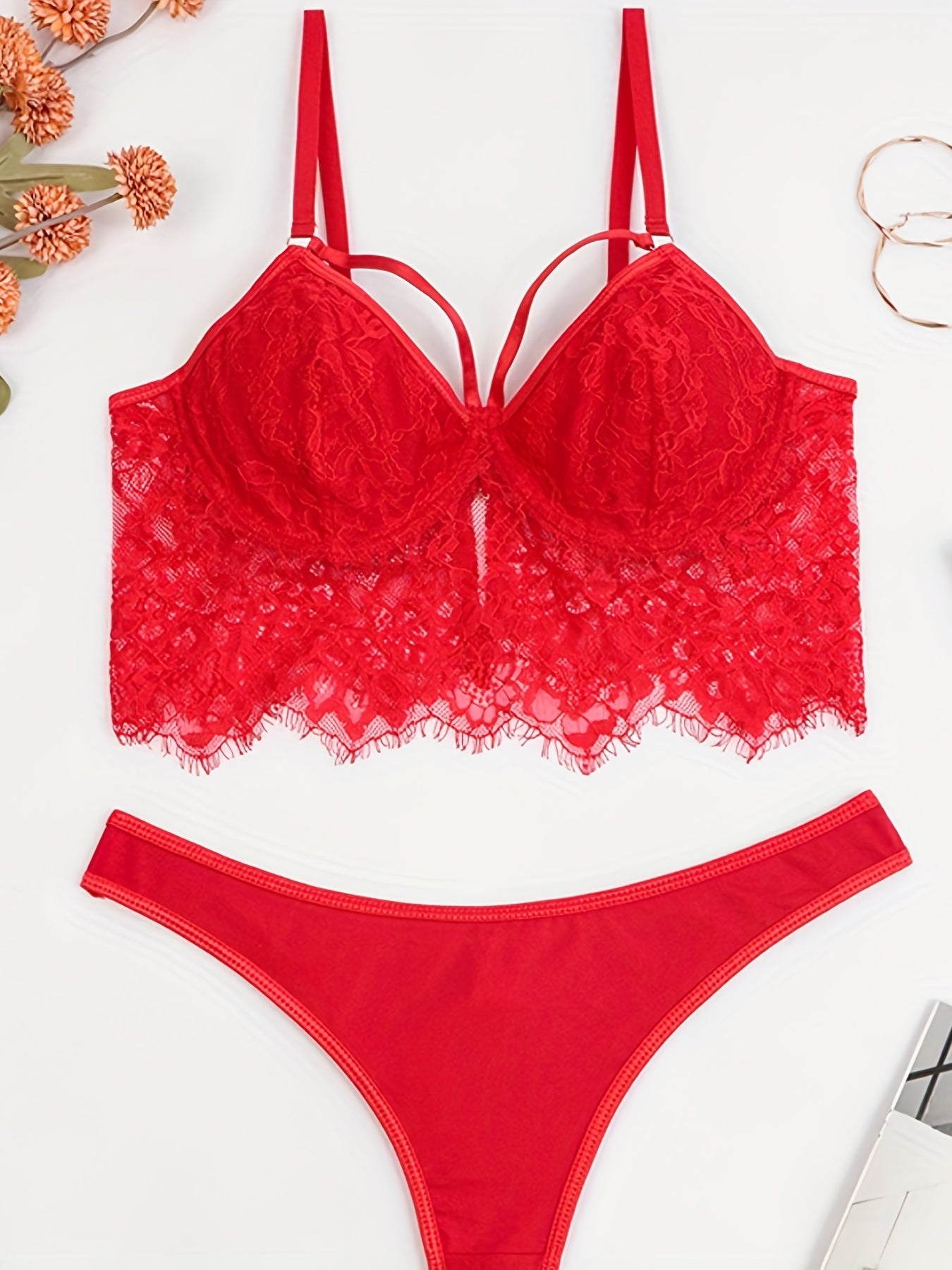  Eyelash Lace Strappy Bra & Panty Lingerie Set
