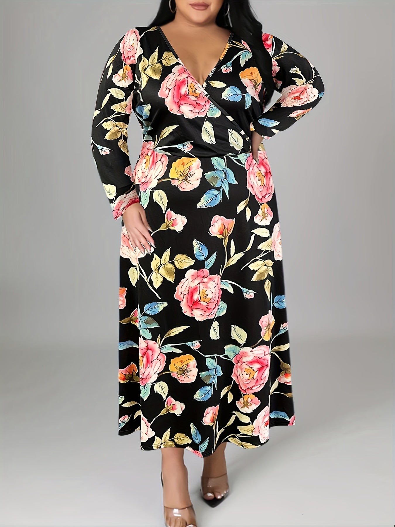 Floral Print Maxi Dress Long Sleeve Surplice Neck Plus Size