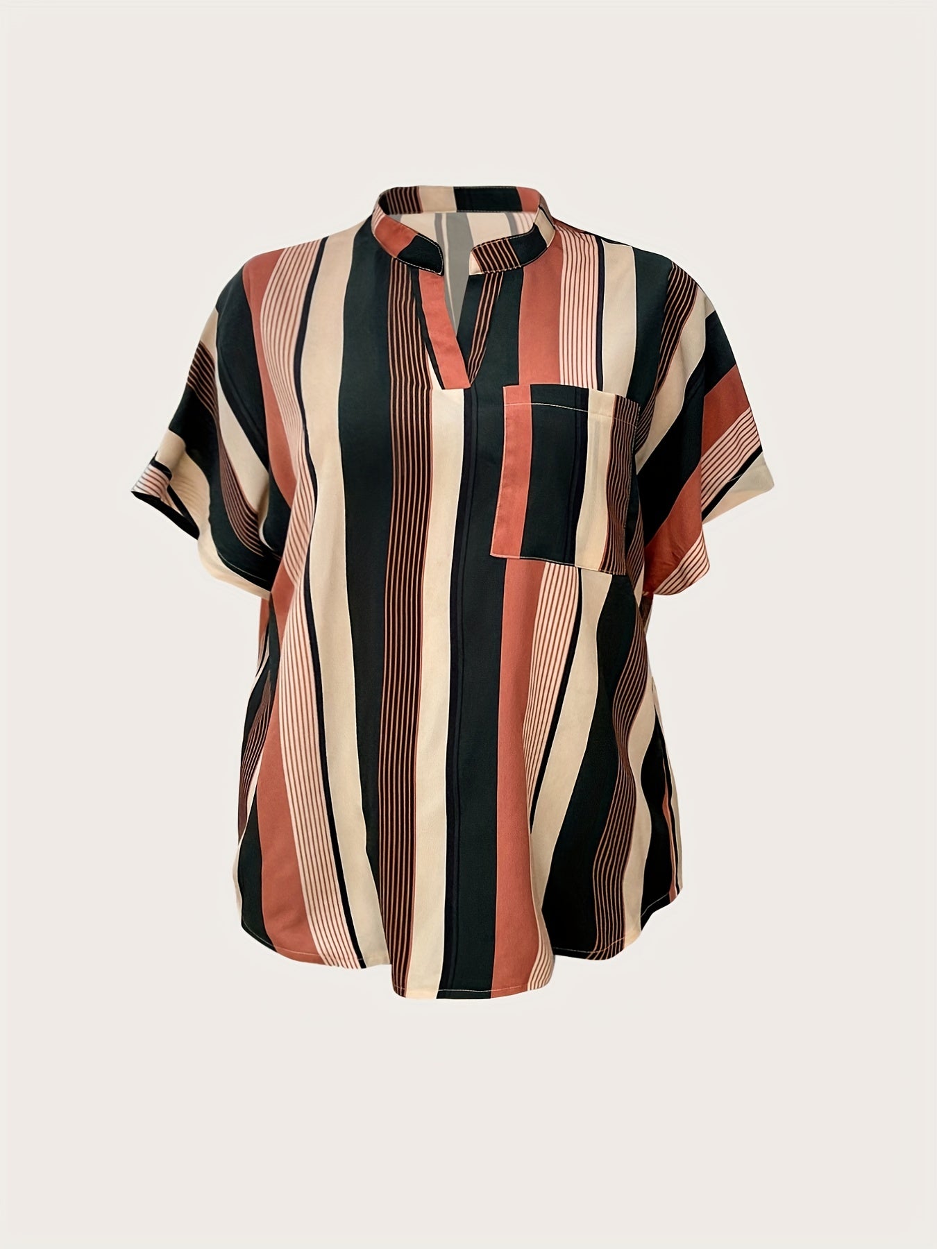  Striped Print Batwing Sleeve Notched Neck Top