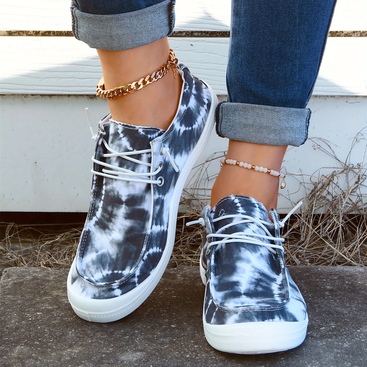 Women's Tie Dye Canvas Shoes Round Toe Lace Up Comfy Slip On Shoes