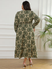  Damask Print Maxi Dress V Neck Flounce Sleeve Waist Nipped