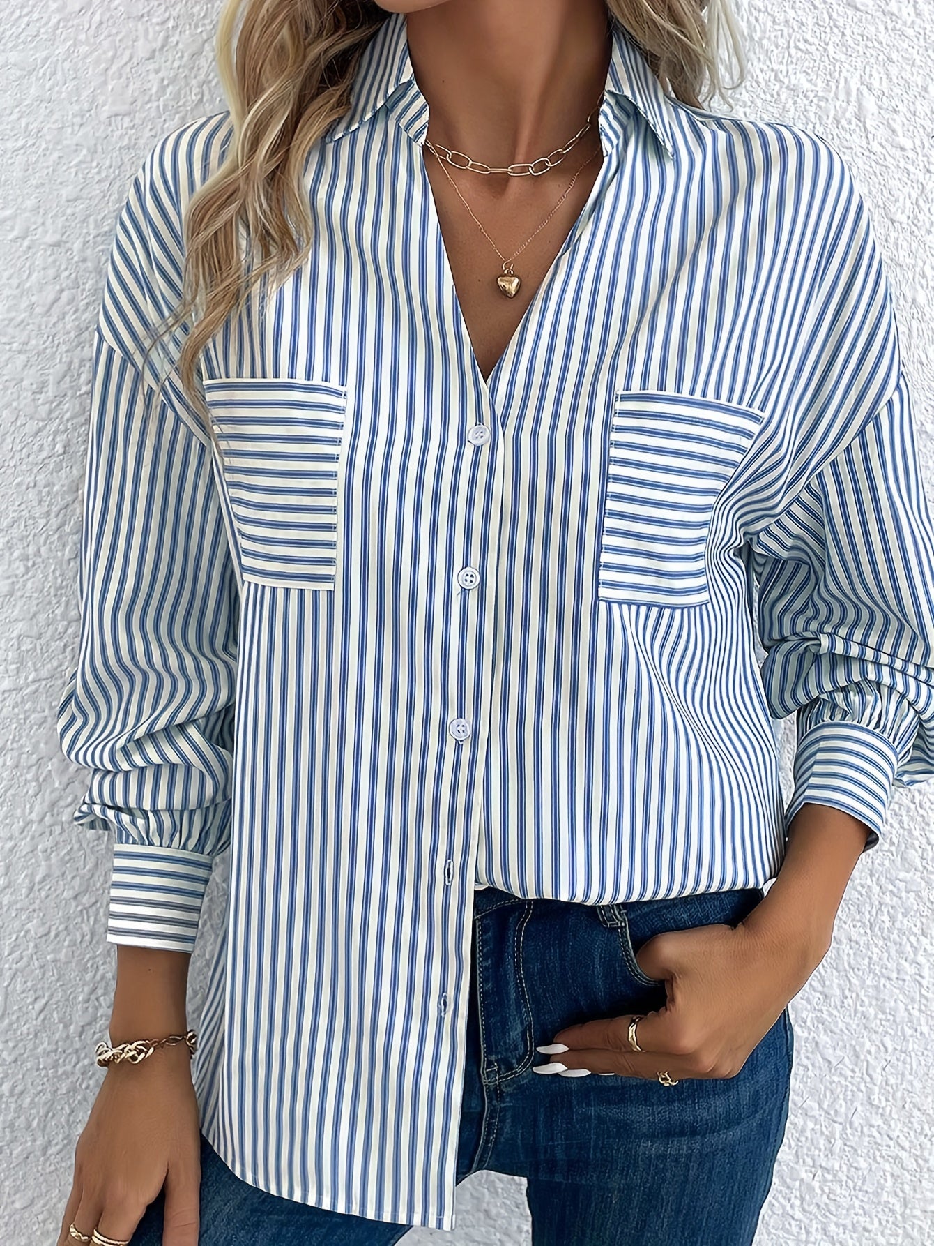  Stripe Print Long Sleeve Button Up Shirt
