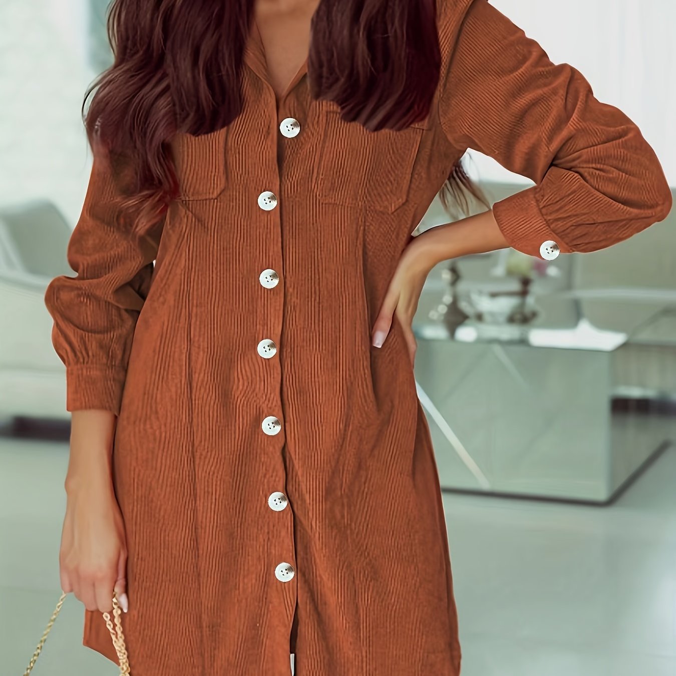  Solid Corduroy Button Up Long Sleeve Shirt Dress