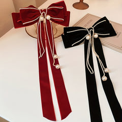 Ribbon Bow Hair Clip with Faux Pearl Tassel Barrette