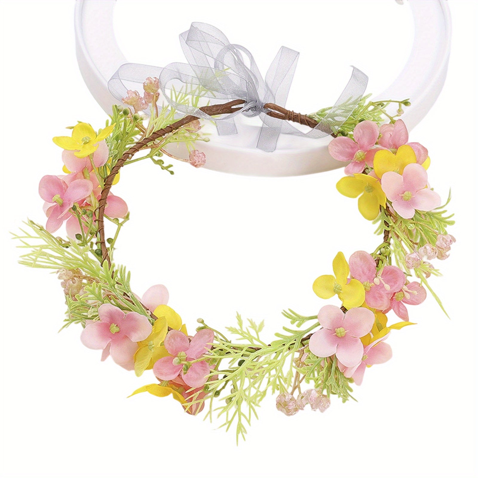 Floral Bridal Flower Crown Headband with Leaf Wreath & Pink Yellow Flowers