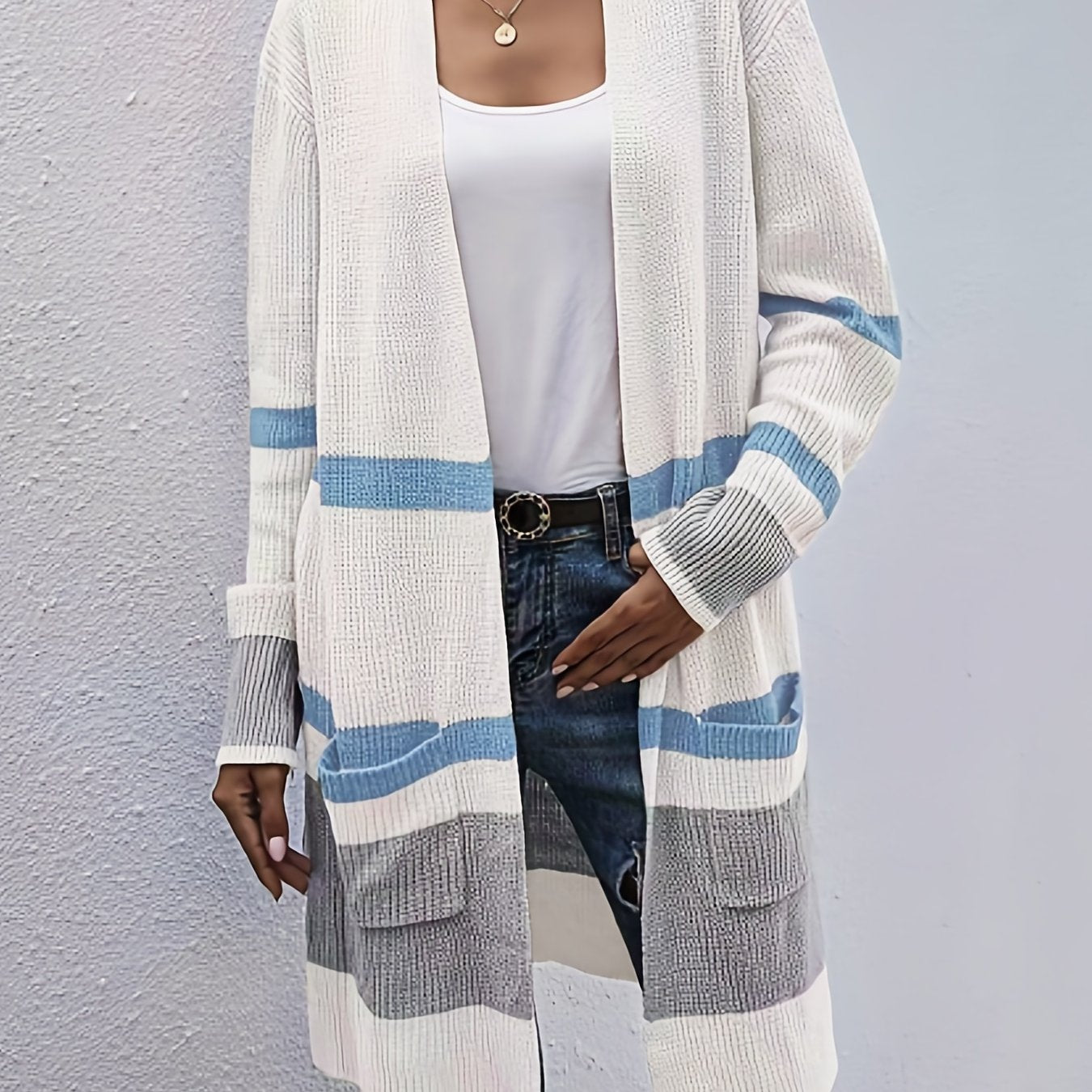  Colorblock Stripe Print Long Sleeve Cardigan