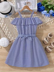 Girls' Striped Off Shoulder Slip Dress with Belt
