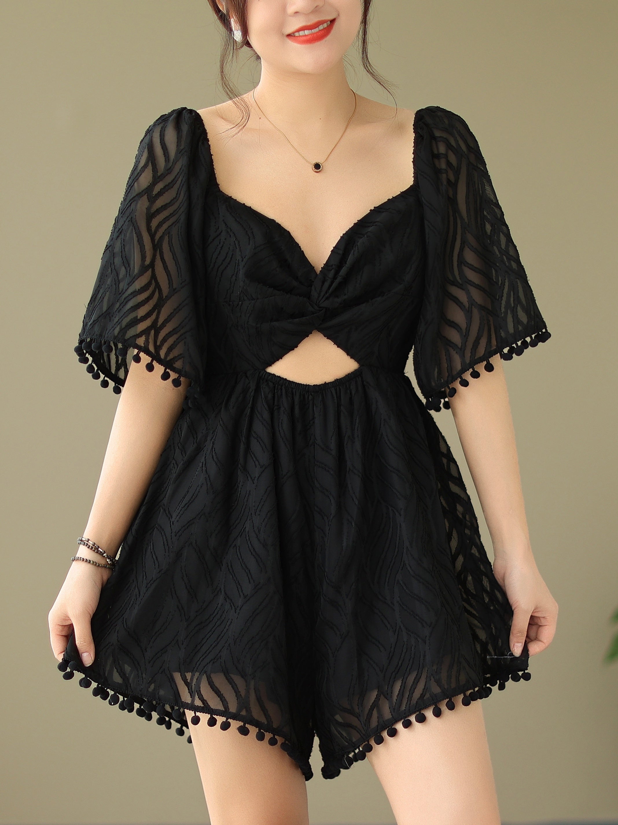 Pom Trim Cut Out Romper Jumpsuit Beach Short Sleeve Romper Jumpsuit