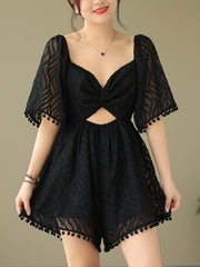 Pom Trim Cut Out Romper Jumpsuit Beach Short Sleeve Romper Jumpsuit