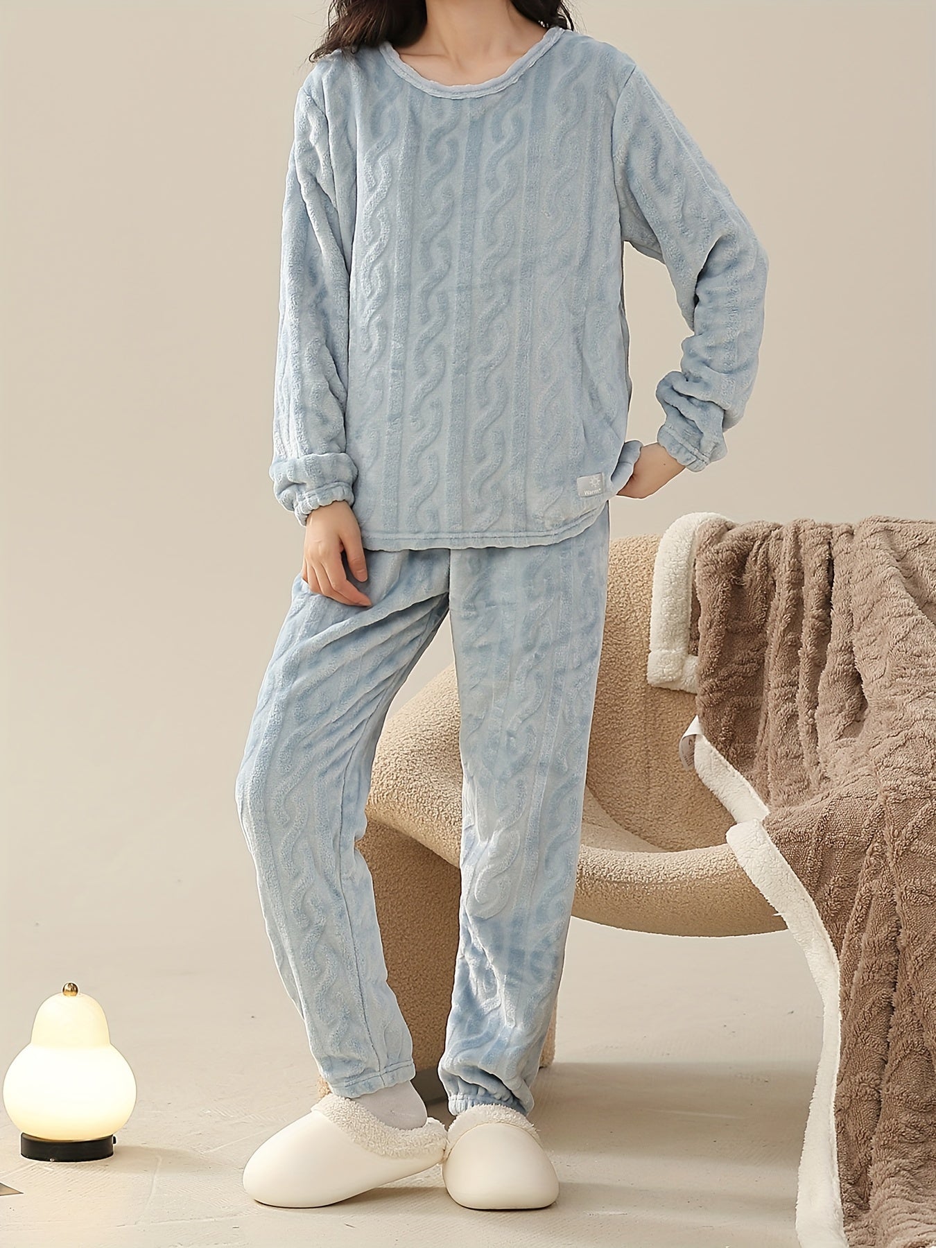 Cozy Fuzzy Pajama Set Long Sleeve Crew Neck Top & Elastic Waistband Pants